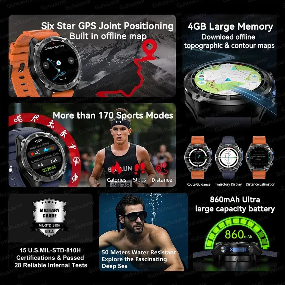 2025 New GPS SmartWatch Offline Maps 4GB Memory Video Player Military Sports Smart bracelet Men 50m Swimming Waterproof Sapphire - thisisforyou.shop