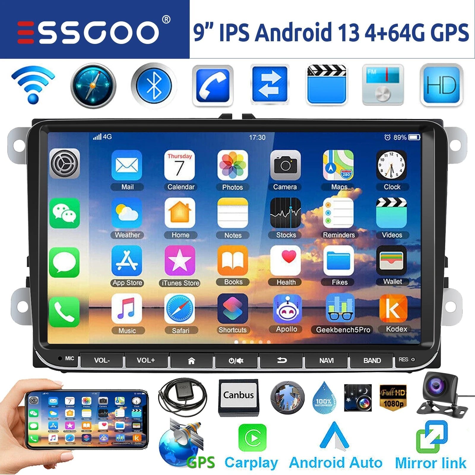 9" Android 14 4G+64G Wireless Carplay Car Stereo GPS NAVI WIFI RDS FM BT EQ for VW Golf 5 6 Passat Polo Touran Tiguan Caddy EOS - thisisforyou.shop
