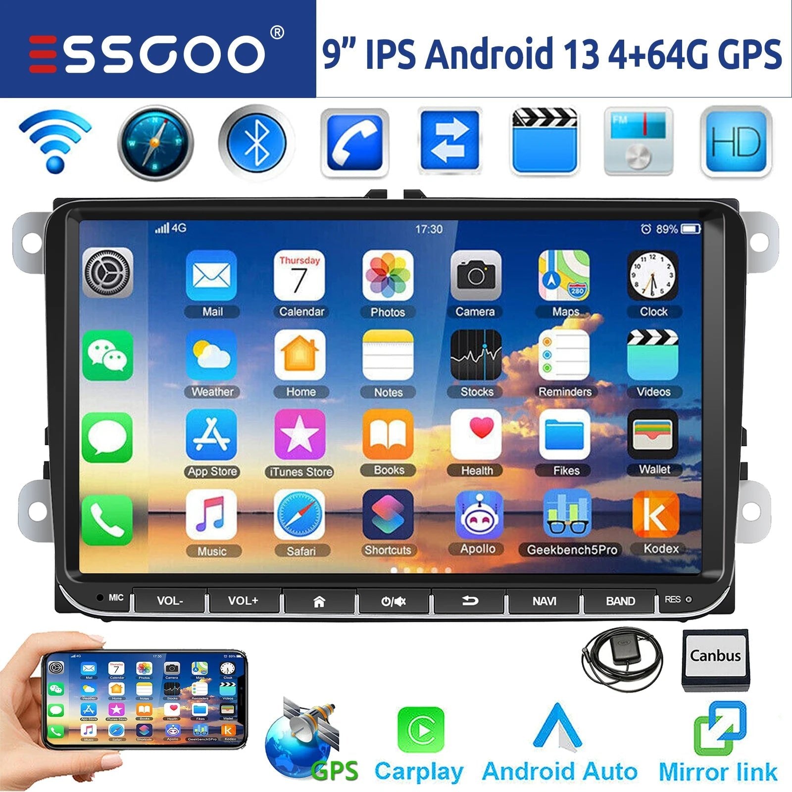 9" Android 14 4G+64G Wireless Carplay Car Stereo GPS NAVI WIFI RDS FM BT EQ for VW Golf 5 6 Passat Polo Touran Tiguan Caddy EOS - thisisforyou.shop