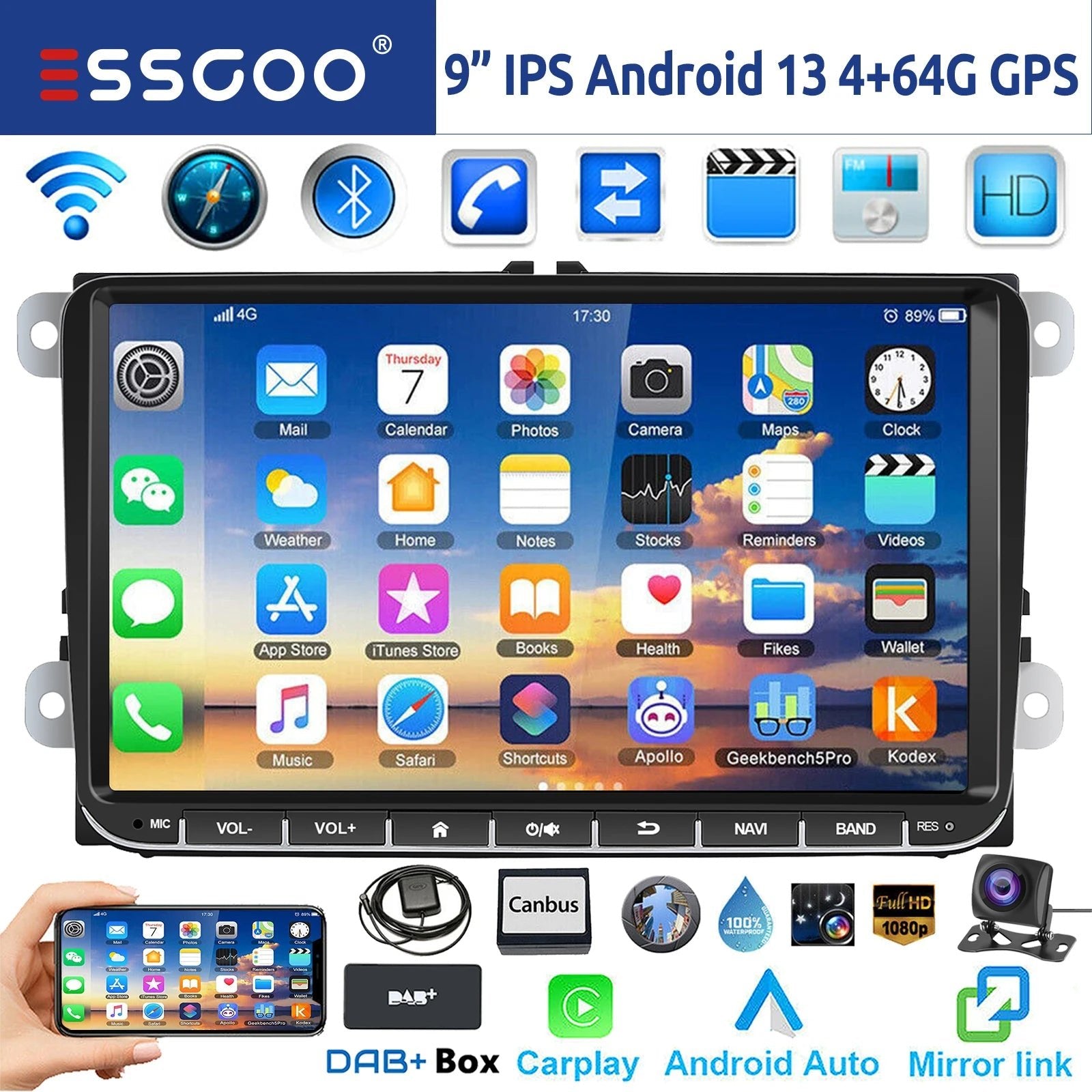 9" Android 14 4G+64G Wireless Carplay Car Stereo GPS NAVI WIFI RDS FM BT EQ for VW Golf 5 6 Passat Polo Touran Tiguan Caddy EOS - thisisforyou.shop