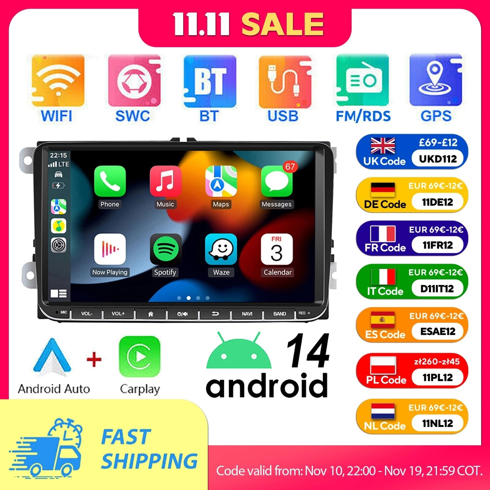 9" Android 14 4G+64G Wireless Carplay Car Stereo GPS NAVI WIFI RDS FM BT EQ for VW Golf 5 6 Passat Polo Touran Tiguan Caddy EOS - thisisforyou.shop