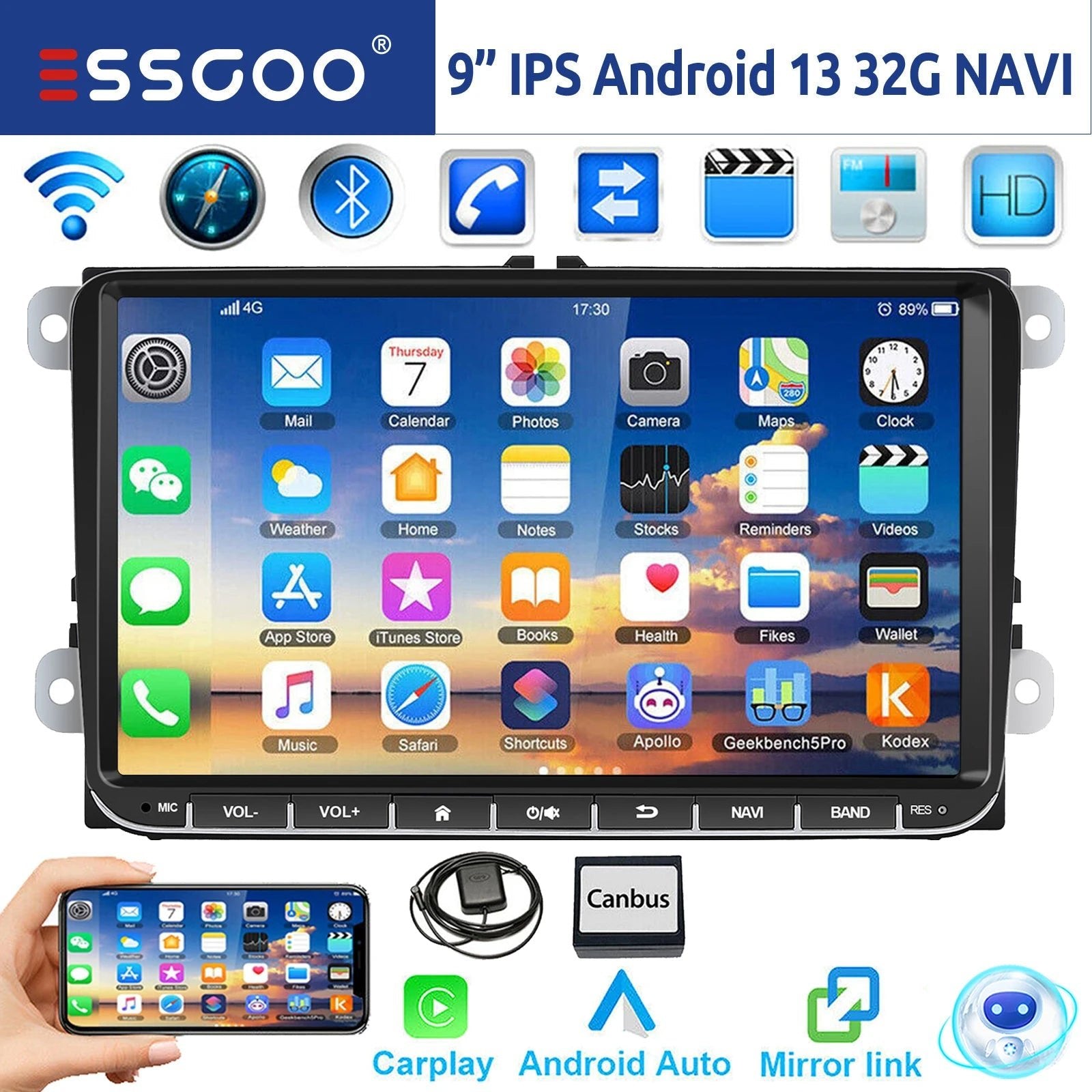 9" Android 14 4G+64G Wireless Carplay Car Stereo GPS NAVI WIFI RDS FM BT EQ for VW Golf 5 6 Passat Polo Touran Tiguan Caddy EOS - thisisforyou.shop