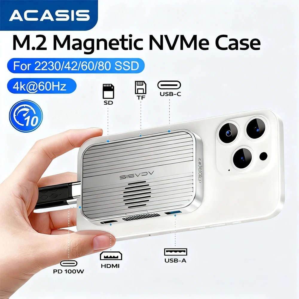 ACASIS M.2 NVMe SSD Enclosure Magnetic USB C Docking Station 10Gbps with Cooling Fan for iPhone 16/15 Pro 2230/42/60/80 NVME SSD - thisisforyou.shop