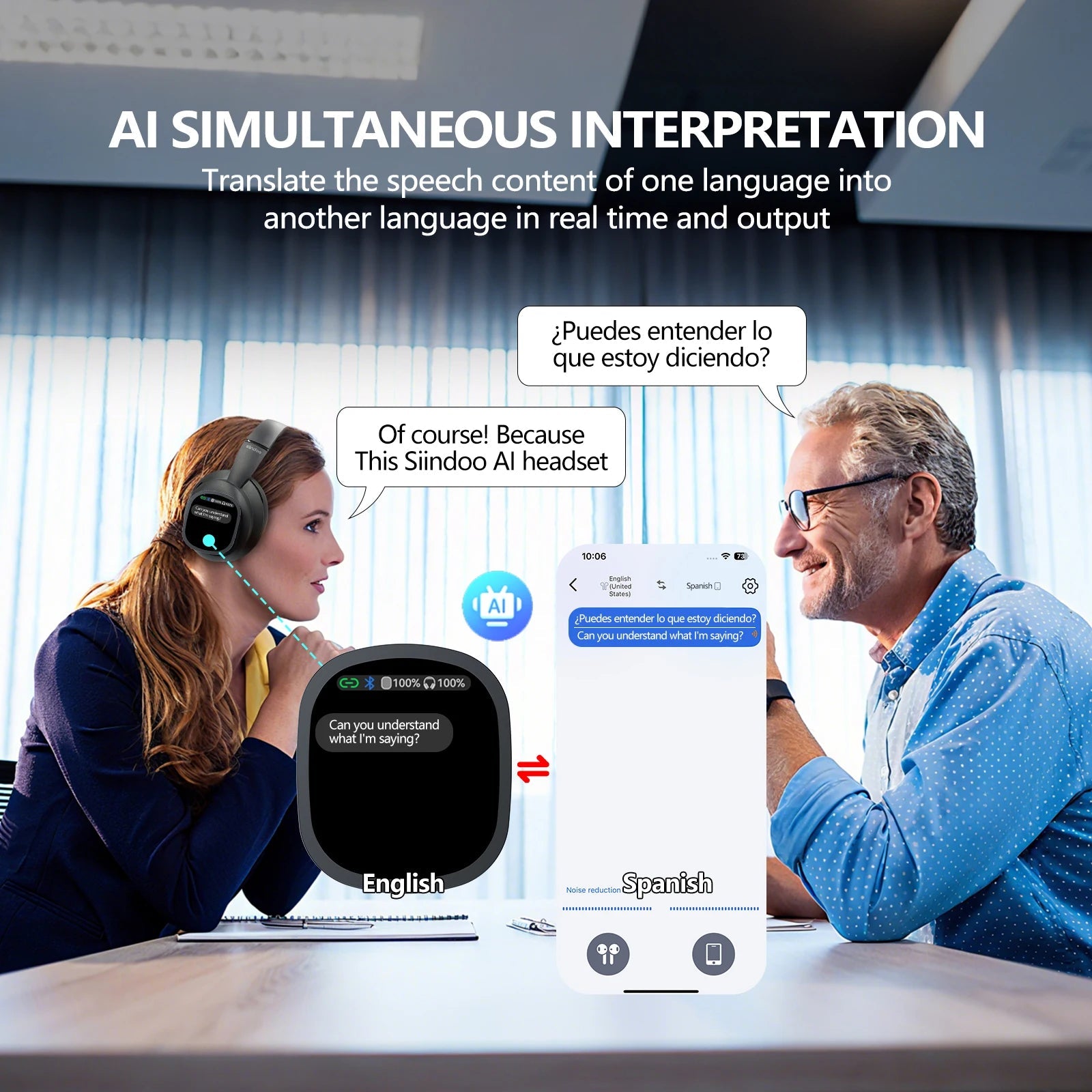 Siindoo - AI Wireless Headphone, JH - 822Plus, Translation Function, AI Assistant, Smart Chat, Detachable Full Color Touch Screen - thisisforyoushop.be